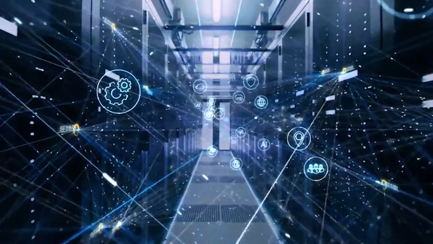A corridor of computer servers overlaid with glowing network lines and icons.